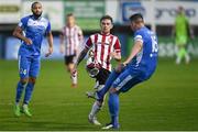 27 August 2021; Jamie McGonigle of Derry City in action against Shane McEleney of Finn Harps during the extra.ie FAI Cup Second Round match between Finn Harps and Derry City at Finn Park in Ballybofey, Donegal. Photo by Ramsey Cardy/Sportsfile