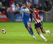 27 August 2021; Junior Ogedi-Uzokwe of Derry City in action against David Webster of Finn Harps during the extra.ie FAI Cup Second Round match between Finn Harps and Derry City at Finn Park in Ballybofey, Donegal. Photo by Ramsey Cardy/Sportsfile