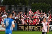 27 August 2021; Derry City supporters during the extra.ie FAI Cup Second Round match between Finn Harps and Derry City at Finn Park in Ballybofey, Donegal. Photo by Ramsey Cardy/Sportsfile