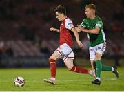 27 August 2021; Alfie Lewis of St Patrick's Athletic in action against Alec Byrne of Cork City during the extra.ie FAI Cup Second Round match between Cork City and St Patrick's Athletic at Turner's Cross in Cork. Photo by Piaras Ó Mídheach/Sportsfile