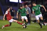 27 August 2021; Dylan McGlade of Cork City is tackled by Alfie Lewis of St Patrick's Athletic during the extra.ie FAI Cup Second Round match between Cork City and St Patrick's Athletic at Turner's Cross in Cork. Photo by Piaras Ó Mídheach/Sportsfile