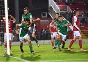 27 August 2021; Barry Coffey of Cork City celebrates scoring his side's first goal, a 95th minute equaliser, with team-mate Gordon Walker, behind, during the extra.ie FAI Cup Second Round match between Cork City and St Patrick's Athletic at Turner's Cross in Cork. Photo by Piaras Ó Mídheach/Sportsfile
