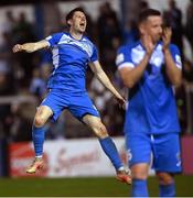 27 August 2021; Johnny Dunleavy of Finn Harps celebrates following his side's victory in the extra.ie FAI Cup Second Round match between Finn Harps and Derry City at Finn Park in Ballybofey, Donegal. Photo by Ramsey Cardy/Sportsfile