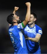 27 August 2021; David Webster, left, and Johnny Dunleavy of Finn Harps celebrate following their side's victory in the extra.ie FAI Cup Second Round match between Finn Harps and Derry City at Finn Park in Ballybofey, Donegal. Photo by Ramsey Cardy/Sportsfile