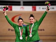28 August 2021; Eve McCrystal, left, and Katie-George Dunlevy of Ireland with their silver medals during the Women's B 3000 metre Individual Pursuit final medal ceremony at the Izu Velodrome on day four during the Tokyo 2020 Paralympic Games in Shizuoka, Japan. Photo by David Fitzgerald/Sportsfile