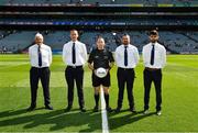 28 August 2021; Referee Derek O'Mahoney with his umpires before the Electric Ireland GAA Football All-Ireland Minor Championship Final match between Meath and Tyrone at Croke Park in Dublin. Photo by Ray McManus/Sportsfile