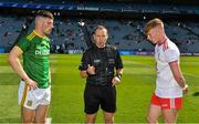 28 August 2021; Referee Derek O'Mahoney with the two captains, Liam Kelly of Meath and Cormac Devlin of Tyrone, before the Electric Ireland GAA Football All-Ireland Minor Championship Final match between Meath and Tyrone at Croke Park in Dublin. Photo by Ray McManus/Sportsfile