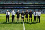 28 August 2021; Referee Derek O'Mahoney with his umpires and linesmen before the Electric Ireland GAA Football All-Ireland Minor Championship Final match between Meath and Tyrone at Croke Park in Dublin. Photo by Ray McManus/Sportsfile