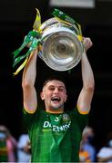 28 August 2021; Meath captain Liam Kelly lifts the Tom Markham Cup after the Electric Ireland GAA Football All-Ireland Minor Championship Final match between Meath and Tyrone at Croke Park in Dublin. Photo by Ray McManus/Sportsfile