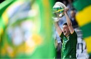 28 August 2021; Meath captain Liam Kelly lifts the Tom Markham Cup after the Electric Ireland GAA Football All-Ireland Minor Championship Final match between Meath and Tyrone at Croke Park in Dublin. Photo by Stephen McCarthy/Sportsfile
