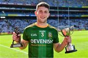 28 August 2021; Liam Kelly of Meath with Ogie O Dufaigh Memorial trophy and the Man of the Match award for his major performance in the Electric Ireland GAA All-Ireland Minor Football Championship Final match between Meath and Tyrone at Croke Park in Dublin. Photo by Brendan Moran/Sportsfile