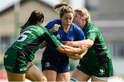 28 August 2021; Grace Miller of Leinster is tackled by Nicole Carroll, left, and Aifric O'Brien of Connacht during the Vodafone Women’s Interprovincial Championship Round 1 match between at Connacht and Leinster at The Sportsground in Galway. Photo by Harry Murphy/Sportsfile