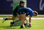 28 August 2021; Michelle Claffey of Leinster scores her side's second try despite the tackle of Nicole Carroll of Connacht during the Vodafone Women’s Interprovincial Championship Round 1 match between at Connacht and Leinster at The Sportsground in Galway. Photo by Harry Murphy/Sportsfile