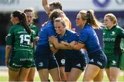 28 August 2021; Michelle Claffey of Leinster, centre, celebrates after scoring her side's second try with Lauren Farrell-McCabe, left, and Meabh O'Brien during the Vodafone Women’s Interprovincial Championship Round 1 match between at Connacht and Leinster at The Sportsground in Galway. Photo by Harry Murphy/Sportsfile