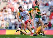 28 August 2021; Conor McKenna of Tyrone celebrates scoring his side's first goal during the GAA Football All-Ireland Senior Championship semi-final match between Kerry and Tyrone at Croke Park in Dublin. Photo by Piaras Ó Mídheach/Sportsfile