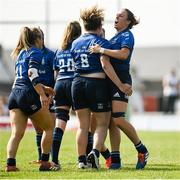 28 August 2021; Mairead Holohan, right, and Jenny Murphy of Leinster celebrate a turnover during the Vodafone Women’s Interprovincial Championship Round 1 match between at Connacht and Leinster at The Sportsground in Galway. Photo by Harry Murphy/Sportsfile