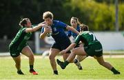 28 August 2021; Jenny Murphy of Leinster is tackled by Shannon Touhey and Meadbh Scally of Connacht during the Vodafone Women’s Interprovincial Championship Round 1 match between at Connacht and Leinster at The Sportsground in Galway. Photo by Harry Murphy/Sportsfile