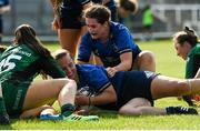 28 August 2021; Michelle Claffey of Leinster after scoring her side's third try with team-mate Jennie Finlay during the Vodafone Women’s Interprovincial Championship Round 1 match between at Connacht and Leinster at The Sportsground in Galway. Photo by Harry Murphy/Sportsfile