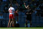 28 August 2021; Niall Sludden of Tyrone receives a black card from referee David Coldrick during the GAA Football All-Ireland Senior Championship semi-final match between Kerry and Tyrone at Croke Park in Dublin. Photo by Stephen McCarthy/Sportsfile