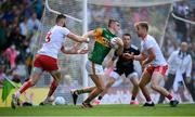 28 August 2021; Seán O'Shea of Kerry in action against Ronan McNamee, left, and Michael O'Neill of Tyrone during the GAA Football All-Ireland Senior Championship semi-final match between Kerry and Tyrone at Croke Park in Dublin. Photo by Stephen McCarthy/Sportsfile