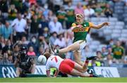 28 August 2021; Killian Spillane of Kerry has a shot on goal blocked by Peter Harte of Tyrone during the GAA Football All-Ireland Senior Championship semi-final match between Kerry and Tyrone at Croke Park in Dublin. Photo by Stephen McCarthy/Sportsfile