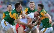 28 August 2021; Michael McKernan of Tyrone is tackled by Kerry players, from left, David Moran, Jason Foley and Brian Ó Beaglaoich during the GAA Football All-Ireland Senior Championship semi-final match between Kerry and Tyrone at Croke Park in Dublin. Photo by Brendan Moran/Sportsfile