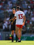 28 August 2021; Referee David Coldrick speaks to Darren McCurry of Tyrone before showing him a black card during the GAA Football All-Ireland Senior Championship semi-final match between Kerry and Tyrone at Croke Park in Dublin. Photo by Ray McManus/Sportsfile