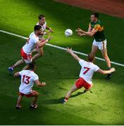 28 August 2021; Jack Barry of Kerry in action against Tyrone players, from left, Darren McCurry, Padraig Hampsey, Kieran McGeary, and Peter Harte during the GAA Football All-Ireland Senior Championship semi-final match between Kerry and Tyrone at Croke Park in Dublin. Photo by Daire Brennan/Sportsfile