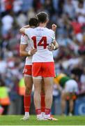 28 August 2021; Matthew Donnelly of Tyrone and team-mate Ronan McNamee celebrate at the end of the GAA Football All-Ireland Senior Championship semi-final match between Kerry and Tyrone at Croke Park in Dublin. Photo by Ray McManus/Sportsfile