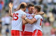 28 August 2021; Tyrone players, from left, Conor McKenna, Darren McCurry and Mark Bradley celebrate after the GAA Football All-Ireland Senior Championship semi-final match between Kerry and Tyrone at Croke Park in Dublin. Photo by Brendan Moran/Sportsfile
