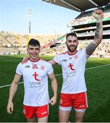 28 August 2021; Conor Shields, left, and Ronan McNamee of Tyrone celebrate after the GAA Football All-Ireland Senior Championship semi-final match between Kerry and Tyrone at Croke Park in Dublin. Photo by Stephen McCarthy/Sportsfile