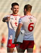 28 August 2021; Padraig Hampsey, left, and Kieran McGeary of Tyrone celebrate after the GAA Football All-Ireland Senior Championship semi-final match between Kerry and Tyrone at Croke Park in Dublin. Photo by Brendan Moran/Sportsfile