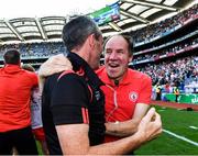 28 August 2021; Tyrone joint-managers Feargal Logan, right, and Brian Dooher celebrate after the GAA Football All-Ireland Senior Championship semi-final match between Kerry and Tyrone at Croke Park in Dublin. Photo by Piaras Ó Mídheach/Sportsfile
