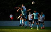 28 August 2021; Ben O'Riordan of Cobh Ramblers in action against Sven Biansumba of Maynooth Town during the extra.ie FAI Cup Second Round match between Maynooth University Town and Cobh Ramblers at John Hyland Park in Baldonnell, Dublin. Photo by Eóin Noonan/Sportsfile