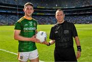 28 August 2021; Referee Derek O’Mahoney presents the match ball to Meath captain Liam Kelly after the Electric Ireland GAA Football All-Ireland Minor Championship Final match between Meath and Tyrone at Croke Park in Dublin. Photo by Ray McManus/Sportsfile
