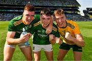 28 August 2021; Meath players Paul Wilson, left, Hughie Corcoran and goalkeeper Oisín McDermott celebrate after the Electric Ireland GAA Football All-Ireland Minor Championship Final match between Meath and Tyrone at Croke Park in Dublin. Photo by Ray McManus/Sportsfile