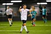 28 August 2021; Jackson Ryan of Maynooth Town celebrates at the final whistle after the extra.ie FAI Cup Second Round match between Maynooth University Town and Cobh Ramblers at John Hyland Park in Baldonnell, Dublin. Photo by Eóin Noonan/Sportsfile