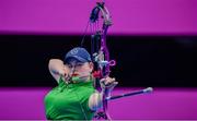 29 August 2021; Kerrie Leonard of Ireland competes in her Women's W2 Individual Compound Open 1/16 Elimination round match against Jyoti Baliyan of India at the Yumenoshima Park Archery Field on day five during the Tokyo 2020 Paralympic Games in Tokyo, Japan. Photo by Sam Barnes/Sportsfile