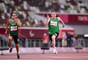 29 August 2021; Jason Smyth of Ireland, right, on his way to winning the T13 Men's 100 metre final ahead of Skander Djamil Athmani of Algeria, left, who finished second, at the Olympic Stadium on day five during the Tokyo 2020 Paralympic Games in Tokyo, Japan. Photo by Sam Barnes/Sportsfile