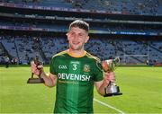 28 August 2021; Liam Kelly of Meath with the Ogie O Dufaigh Memorial trophy and the Man of the Match award for his major performance in the Electric Ireland GAA All-Ireland Minor Football Championship Final match between Meath and Tyrone at Croke Park in Dublin.  Photo by Ray McManus/Sportsfile