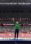 29 August 2021; Jason Smyth of Ireland steps on to the podium to collect his gold medal after winning the T13 Men's 100 metre final at the Olympic Stadium on day five during the Tokyo 2020 Paralympic Games in Tokyo, Japan. Photo by Sam Barnes/Sportsfile