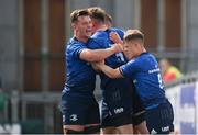 29 August 2021; Diarmuid Mangan of Leinster, centre, celebrates with Matthew Victory, left, and Oscar Cawley after scoring his side's second try during the IRFU U19 Men’s Clubs Interprovincial Championship Round 2 match between Leinster and Connacht at Energia Park in Dublin. Photo by Harry Murphy/Sportsfile
