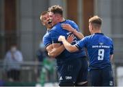 29 August 2021; Diarmuid Mangan of Leinster, centre, celebrates with Sam Prendergast, left, and Oscar Cawley after scoring his side's second try during the IRFU U19 Men’s Clubs Interprovincial Championship Round 2 match between Leinster and Connacht at Energia Park in Dublin. Photo by Harry Murphy/Sportsfile