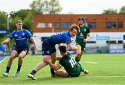 29 August 2021; Henry McErlean of Leinster is tackled by Harry West of Connacht during the IRFU U19 Men’s Clubs Interprovincial Championship Round 2 match between Leinster and Connacht at Energia Park in Dublin. Photo by Harry Murphy/Sportsfile