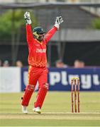 29 August 2021; Zimbabwe wicketkeeper Regis Chakabva celebrates taking the wicket of Ireland's Paul Stirling during match two of the Dafanews T20 series between Ireland and Zimbabwe at Clontarf Cricket Club in Dublin. Photo by Seb Daly/Sportsfile