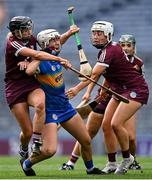 29 August 2021; Nicole Walsh of Tipperary is tackled by Niamh Kilkenny, left, and Dervla Higgins of Galway during the All-Ireland Senior Camogie Championship Semi-Final match between Tipperary and Galway at Croke Park in Dublin. Photo by Piaras Ó Mídheach/Sportsfile