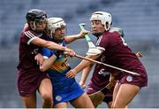 29 August 2021; Nicole Walsh of Tipperary is tackled by Niamh Kilkenny, left, and Dervla Higgins of Galway during the All-Ireland Senior Camogie Championship Semi-Final match between Tipperary and Galway at Croke Park in Dublin. Photo by Piaras Ó Mídheach/Sportsfile