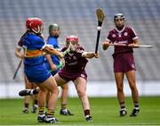 29 August 2021; Aoife McGrath of Tipperary has her clearance blocked down by Catríona Cormican of Galway during the All-Ireland Senior Camogie Championship Semi-Final match between Tipperary and Galway at Croke Park in Dublin. Photo by Piaras Ó Mídheach/Sportsfile