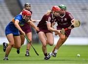 29 August 2021; Galway players Catríona Cormican and Sarah Spellman, right, in action against Aoife McGrath of Tipperary during the All-Ireland Senior Camogie Championship Semi-Final match between Tipperary and Galway at Croke Park in Dublin. Photo by Piaras Ó Mídheach/Sportsfile