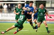 29 August 2021; Josh O'Hare of Leinster is tackled by Tadhg Finlay of Connacht during the IRFU U19 Men’s Clubs Interprovincial Championship Round 2 match between Leinster and Connacht at Energia Park in Dublin. Photo by Harry Murphy/Sportsfile